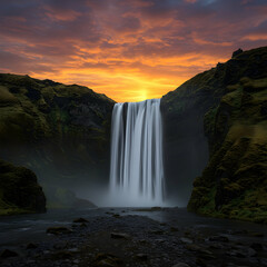 Fototapeta premium A scenic waterfall cascading down mossy cliffs under a vibrant orange and purple sunset sky view