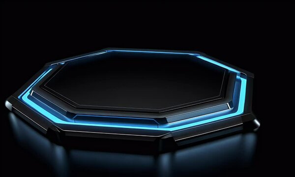  A hexagonal, glowing blue and black octagonal render of an MMA ring against a dark background.