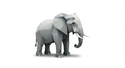 Low poly elephant standing on a white background with visible shadow and polygonal design style art