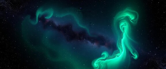 Emerald nebula swirls across a cosmic backdrop, countless stars glittering in the inky black , stellar, dark