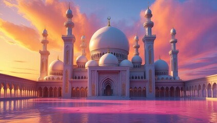 Fototapeta premium Magnificent white mosque stands against a vibrant sunset, its domes and towers gleaming with