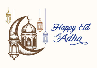 Eid-al-adha greeting card template with hand drawn mosque, crescent, and mosque.  isolated on white background. Vector illustration for muslim festival of sacrifice design