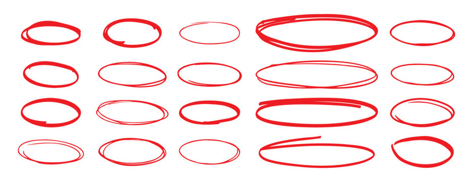 red pen hand drawn doodle marks, red circle and oval stroke set. Outline red drawing line clipart symbol