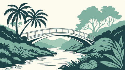 Minimalist Bridge Crossing Over Lush Tropical River Landscape