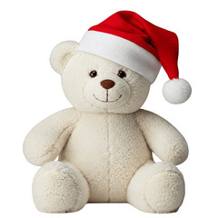Holiday Cuddle: Fluffy White Teddy Bear in Festive Red Santa Hat (transparent background)