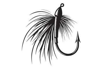 Black silhouette of a fly fishing logo vector, fly fishing lure logo icon silhouette, fly fishing hook silhouette, fly fishing flies silhouette vector design on white background 