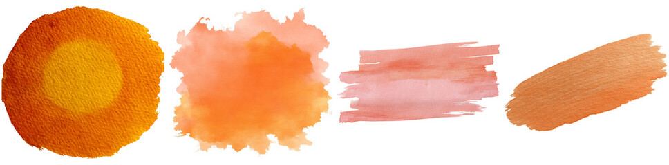 Obraz premium Four distinct watercolor splashes in orange hues showcase varying shapes and textures, perfect for creative projects and design applications