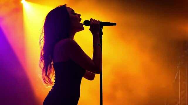 Passionate female singer captivating audience with powerful vocals, illuminated by vibrant orange and purple stage lights, creating a mesmerizing silhouette against a smoky background