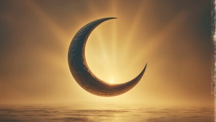 Tranquil crescent moon hovers gently above calm waters in a warm, hazy golden light, evoking peace.