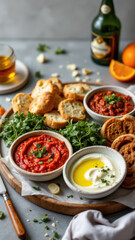 A variety of Mediterranean-inspired appetizers on a rustic wooden board.