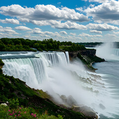 Fototapeta premium A scenic view of niagara falls with cascading water, lush greenery, and a vibrant blue sky with clouds
