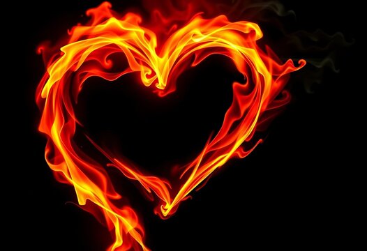 Fiery heart reflection, burning passion isolated on black, power, digital