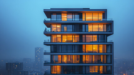 Modern urban condo tower with illuminated balconies dusk, showcasing contemporary architecture