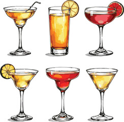 Create a kinds of Hand-drawn collection of cocktails and drinks in various glass styles. Vintage ink sketch vector illustrations of classic alcoholic beverages. vector art with white background.