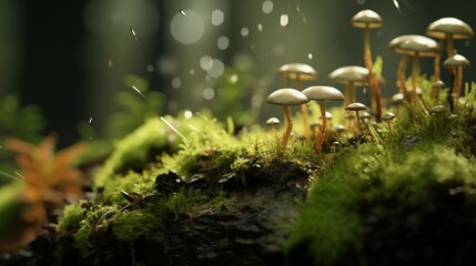 Fototapeta premium Close-up moss and tiny fungi filling the bottom