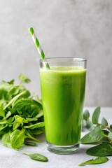 Fototapeta premium Fresh green smoothie with spinach and healthy ingredients in a glass, showcasing vibrant color and nutrition, perfect for a healthy eating concept