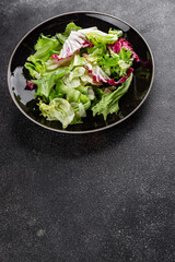 Salad mixed leaves iceberg, batavia, lettuce, radicchio, romano, frisee appetizer vegetables dish organic fresh tasty gourmet food background on the table copy space keto paleo diet vegetarian vegan