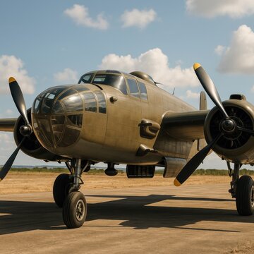 Close-up of B-25 bomber engines and propellers under blue sky. AI-generated