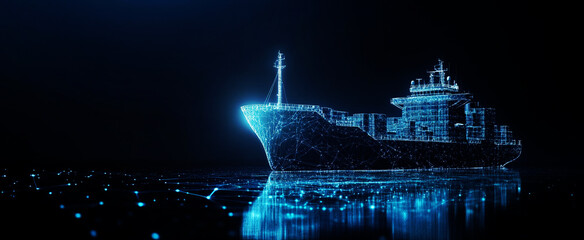 Digital Rendering: Cargo Ship sailing into the future, connected by a web of digital innovation.
