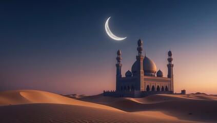 Obraz premium Grand architecture stands in a tranquil desert beneath a crescent moon and starry, calming night