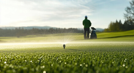 Sprinkler watering a lush green golf course with a golfer and golf cart in the background on a sunny day.