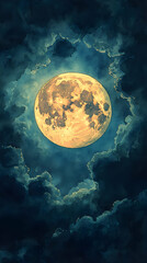 A luminous full moon amidst dark swirling clouds painted with textures