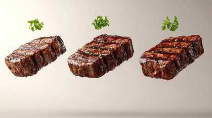 Three grilled steaks levitate, herbs falling, studio shot, food advertising