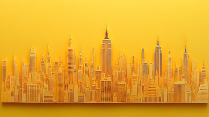 Obraz premium A monochromatic cutout-style illustration of a cityscape featuring tall detailed skyscrapers in shades of yellow