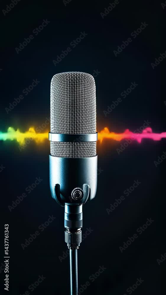 Poster vintage silver microphone standing against black background with undulating sound waves visualizing 