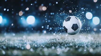 Naklejka premium Exciting soccer match under rain stadium sports photography nighttime action-packed scene