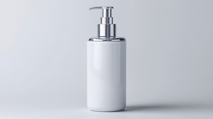 A sleek white pump bottle standing on a clean surface, minimalist composition with soft lighting, and perfect for skincare or cosmetic product display.
