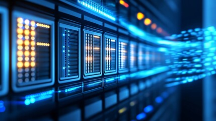 Fototapeta premium high-tech data center server racks with blue led lights for network and cloud infrastructure