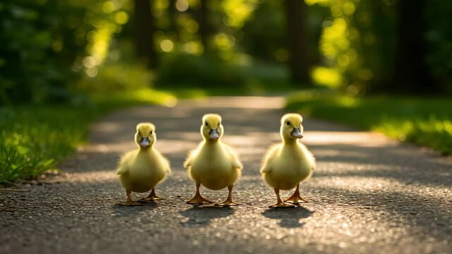 Three ducklings waddling in a line on a sunny park path