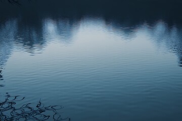 A tranquil river reflecting a muted twilight sky, its surface broken by scattered ripples.