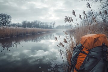 A tranquil river with swaying reeds at the edge, reflecting a muted, cloudy sky.