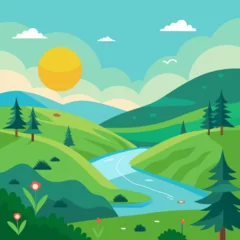 Gardinen Beautiful nature scene in afternoon flat illustration landscape design background © MstTania