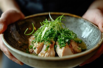 Whole steamed chicken, finely chopped chivesand sake and finely chopped ginger souce over i