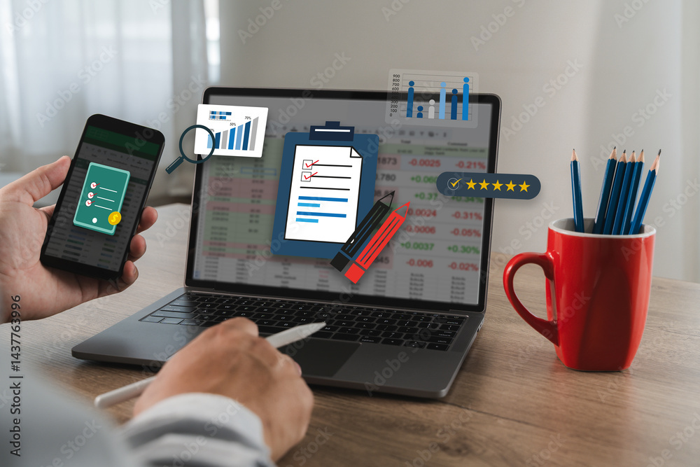 Poster businessman working with data and graphs in spreadsheet documents for online analysis microsoft exce