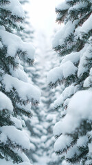 Snow-laden pine branches frame a blurred soft wintery forest scene with fresh snow clinging to dark green needles