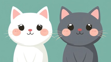 Obraz premium Two cute cartoon cats, sitting side by side, against a teal background, perfect for children's books or greeting cards