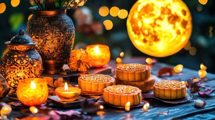 Mid-Autumn Mooncakes on Wooden Table