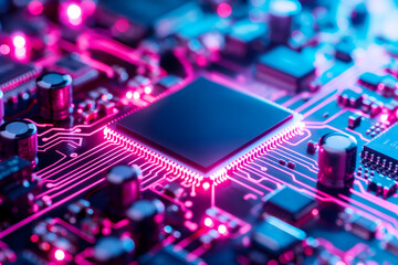 Fototapeta premium Neon-lit Close-up of a Modern CPU Microchip on a Circuit Board 