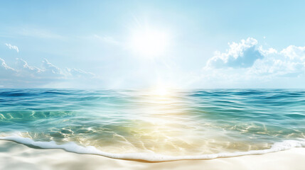Serene ocean view with gentle waves lapping at shore under bright sun and clear blue sky, evoking sense of tranquility and peace