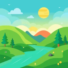 Gardinen Beautiful nature scene in afternoon flat illustration landscape design background © MstTania