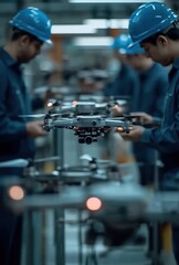 Drone Manufacturing: Workers assemble drones in a factory setting, focused on precision and quality control.