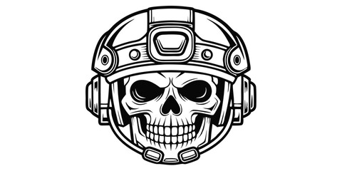 Skull with Military Helmet Vector Silhouette, Tactical Soldier Skull Illustration, Army Helmet Skull Design