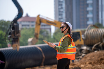 Engineer worker operations construction plans large black drainage pipe installing underground...