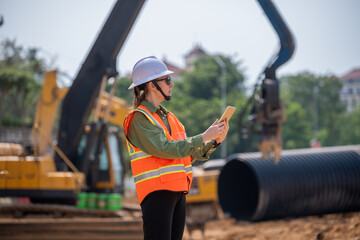 Engineer worker operations construction plans large black drainage pipe installing underground...