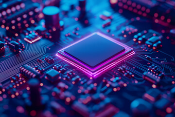 Neon-lit Close-up of a Modern CPU Microchip on a Circuit Board

