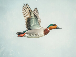 A duck in flight, wings flapped down and body horizontal.